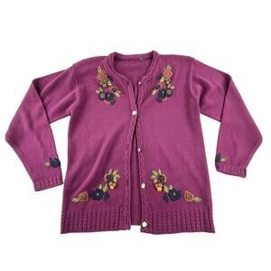 LAUREN | Vintage L-XL Plum Purple Floral Embroidered Cable Knit Cardigan Sweater